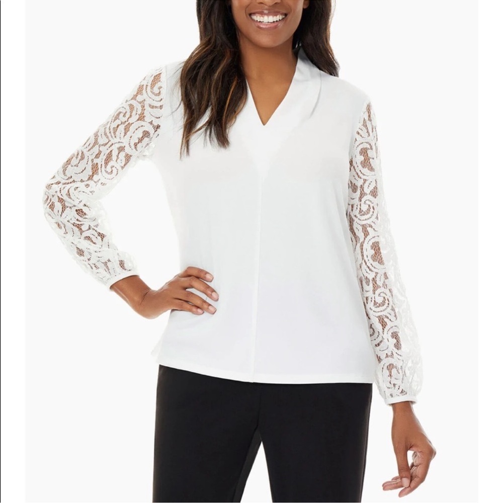 Kasper Lace Sleeve V-Neck Knit Jersey Top stretch Lily white SP